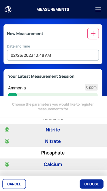 Choose the parameters for which you would like to enter test results